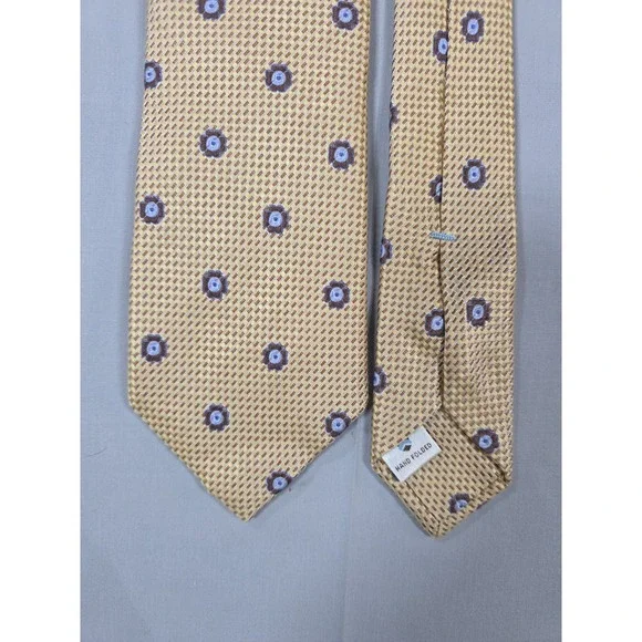Peter Millar Silk Tie Yellow/Beige Geometric Designer Pattern Hand Folded Mens - Picture 1 of 8